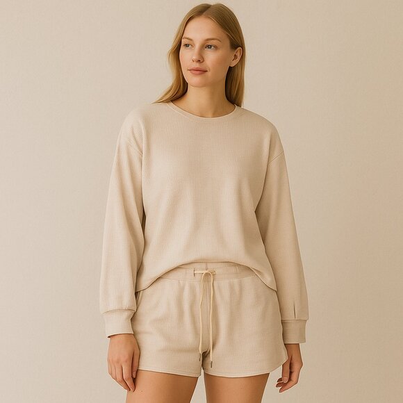 C+D+M Collection NEW XL Beige Waffle Knit Lounge Set Top & Shorts Comfy Cozy - Picture 1 of 1